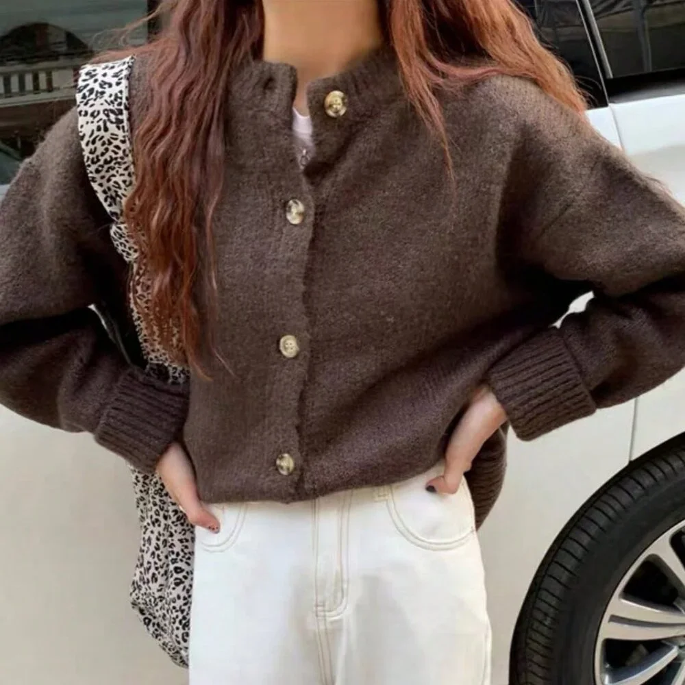 Brown Casual Women's Slouchy Loose Knitted Sweater Cardigan